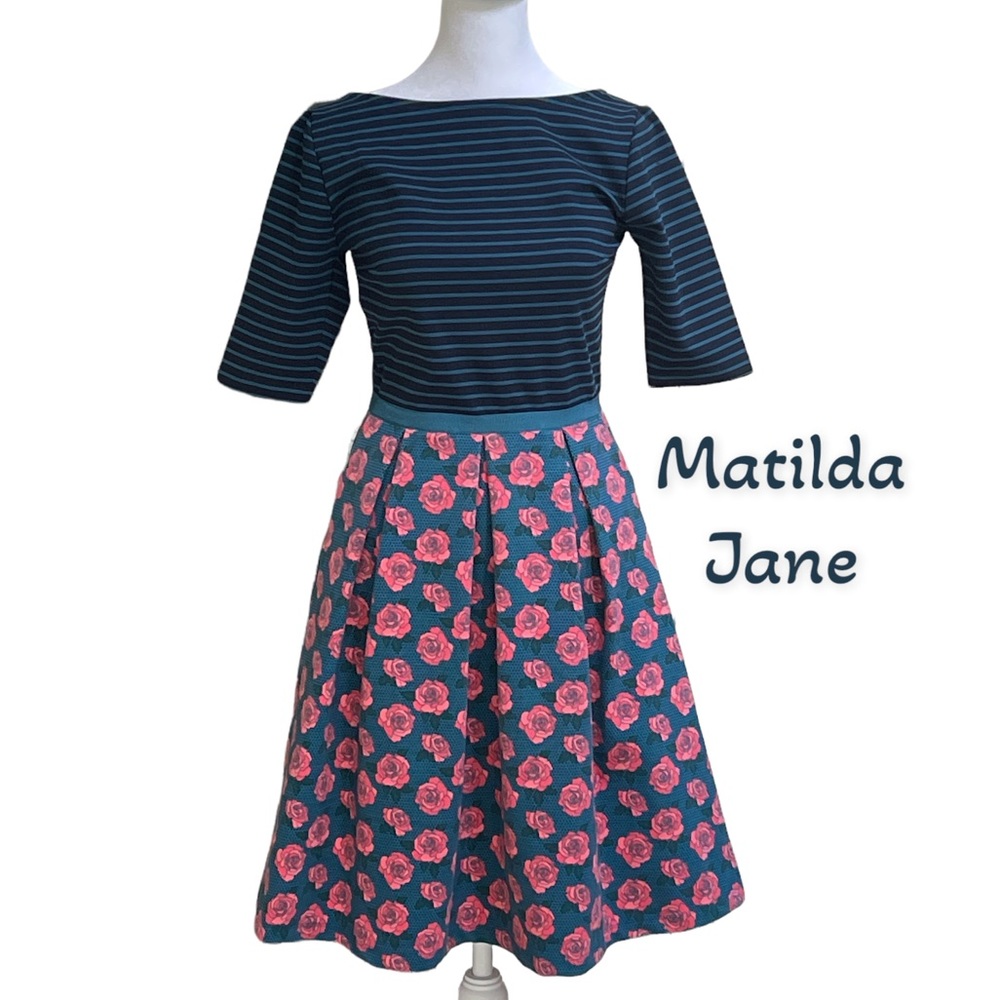 Matilda Jane Friends Forever Peyton Midi Dress Sz XS Blue Pink Roses Stripes